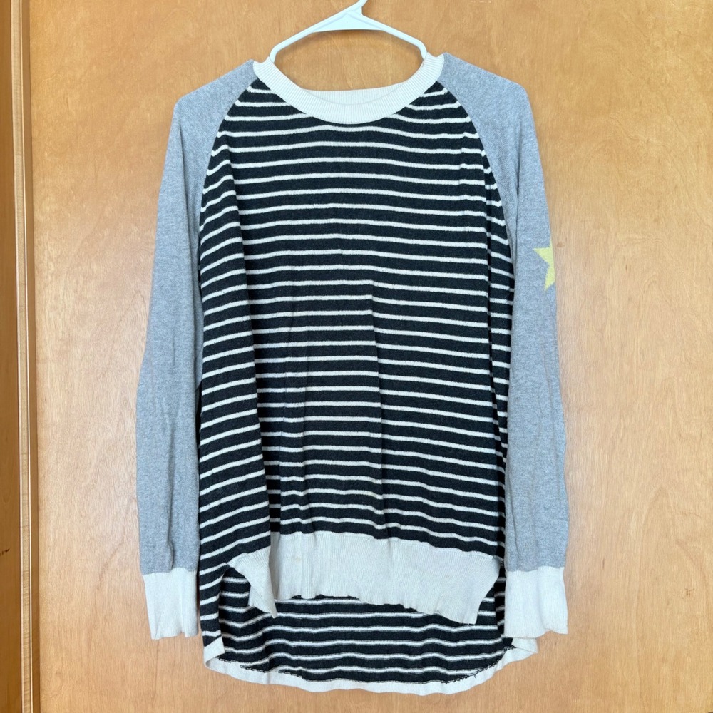 Zaket & Plover Striped Star Raglan Sweater Large Black Grey Cashmere Blend